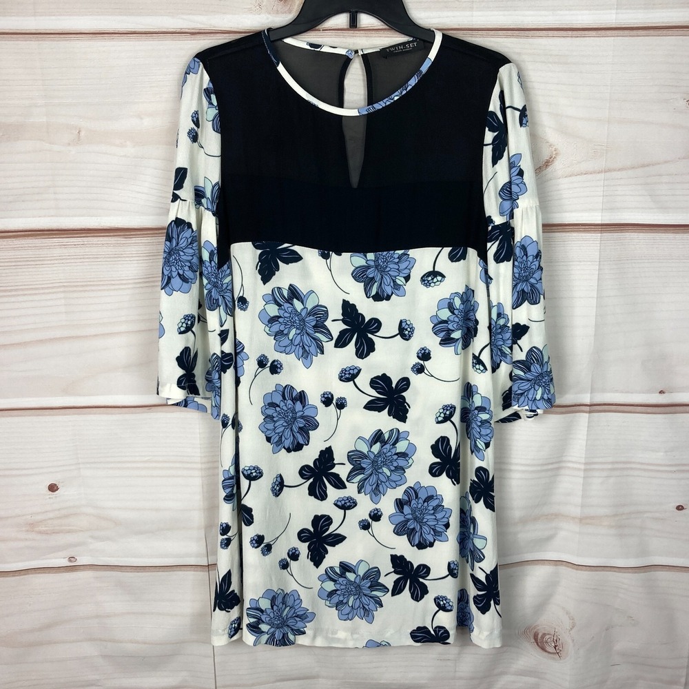 TwinSet Dress Womens Small Blue Floral Shift Bell Sleeve Sheer Bodice Pullover